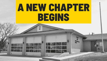 Grayscale photo of Station 61 with overly text 