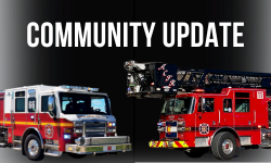 Black background with a fire engine and fire truck and text 