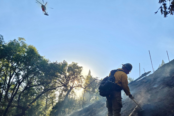 Image of a wildland firefighter on a hillside with a helicopter in the distance